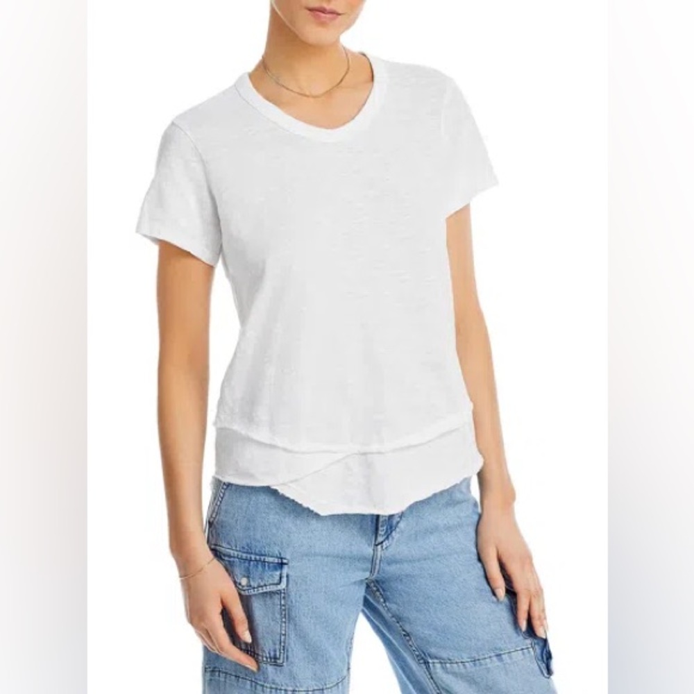 NEW WILT Short Sleeve Mock Layer Raw Hem Tee- White (size S)